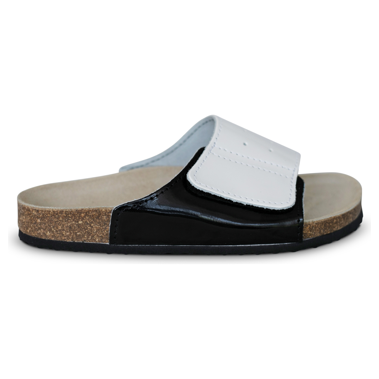 Glossy black and white cork orthopedic sandals for teens and women