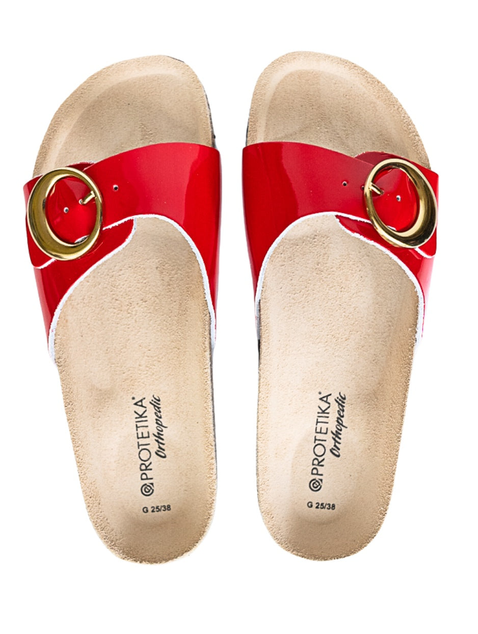 Glossy red cork orthopedic sandals from Protetika brand, leather on the sole and upper.