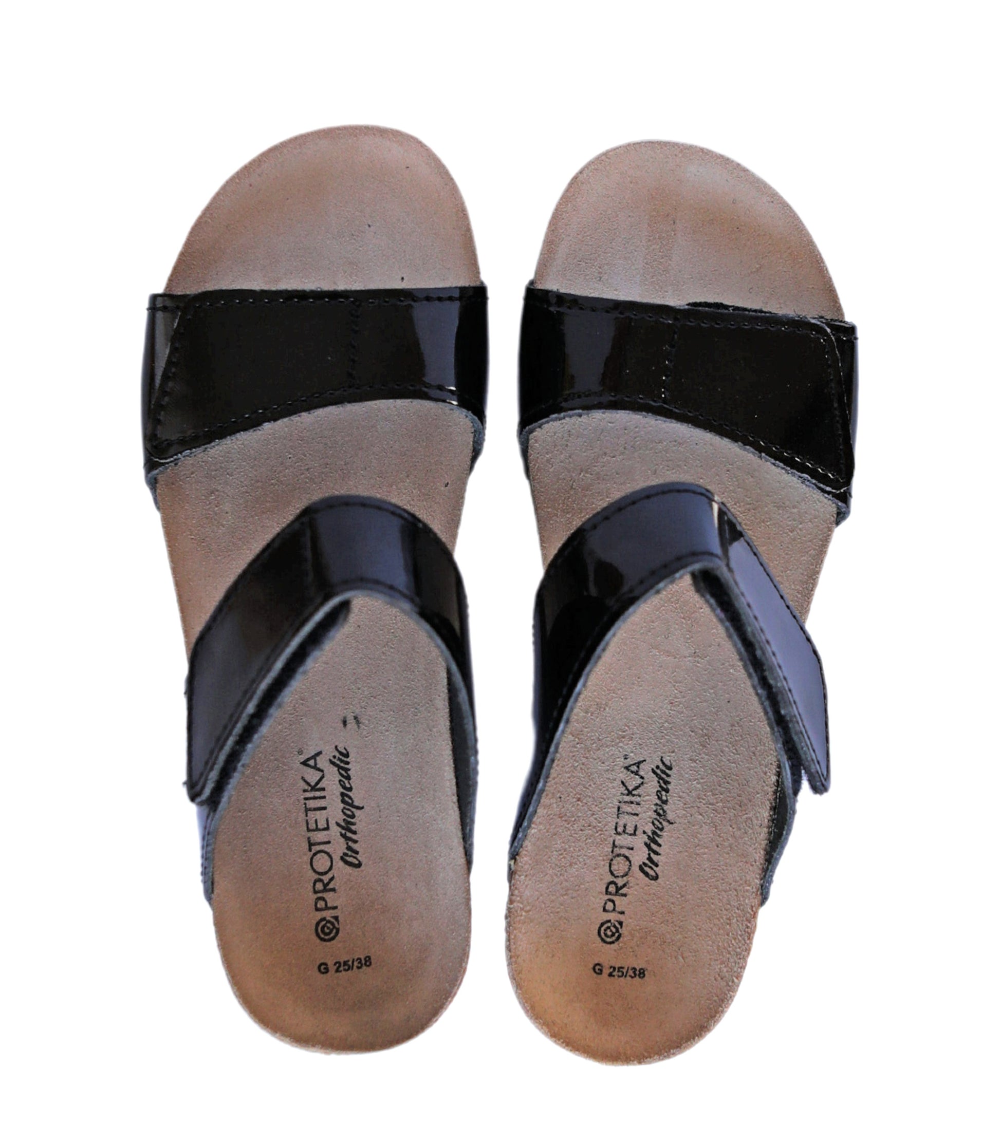 T86: 2 straps glossy black women orthotic wedge sandals, import from Europe.