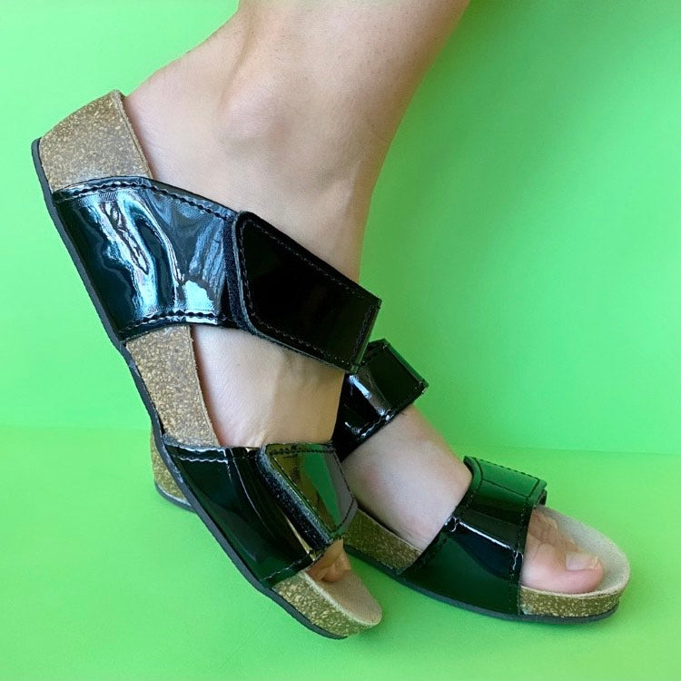 Elegant glossy black orthotic wedge sandals for women - feelgoodshoes.ae