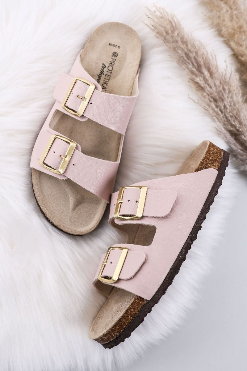 Cork orthotic sandals for women, with a beautiful pink upper