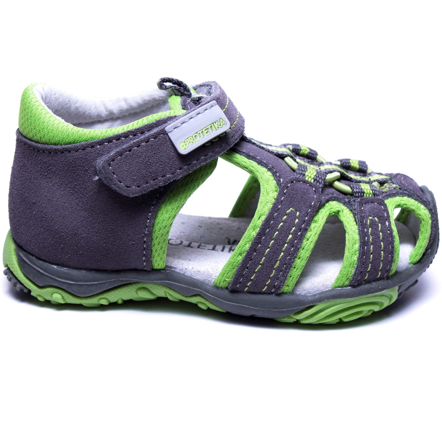 Stylish grey green leather sandals for small boys, with arch support and solid heels