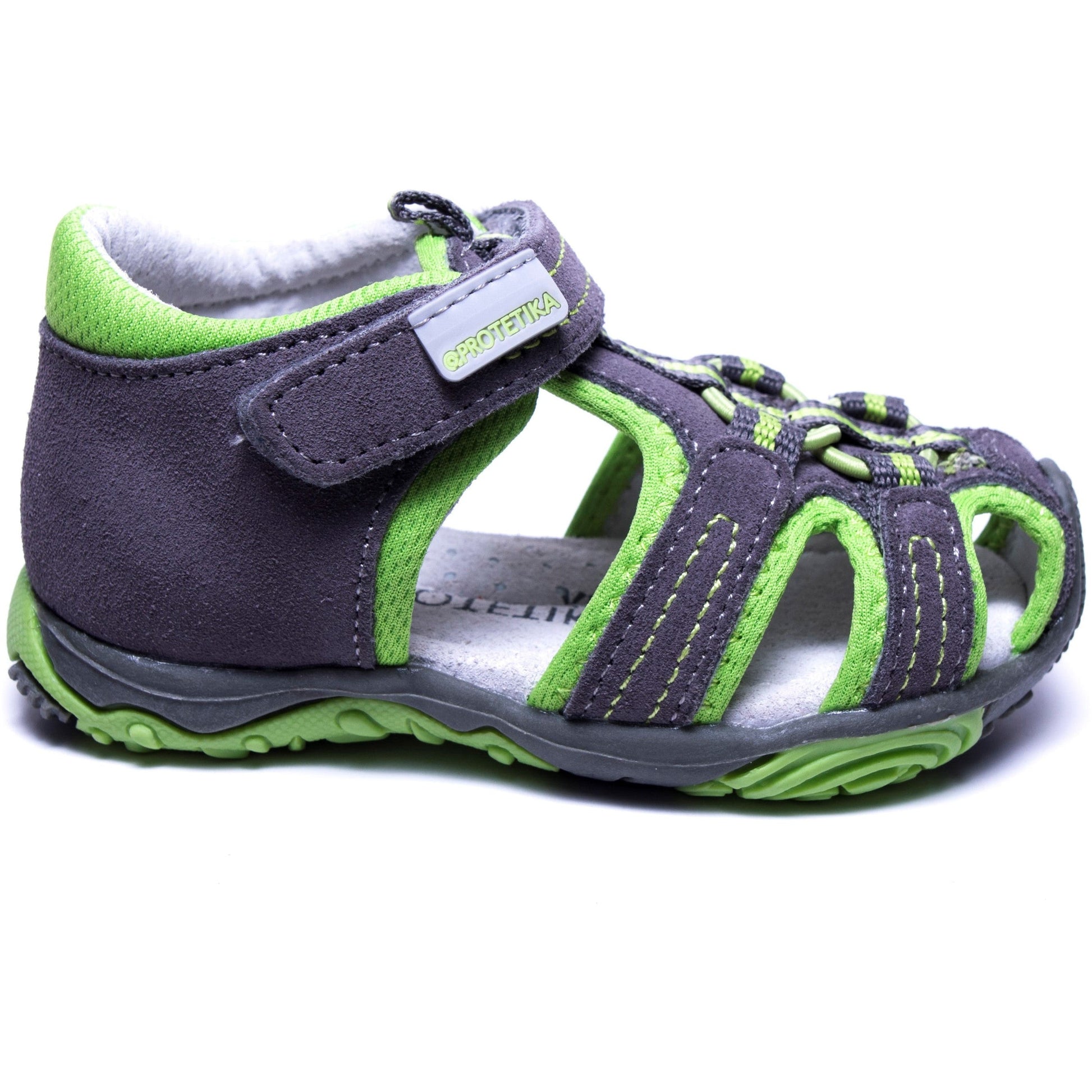 Stylish grey green leather sandals for small boys, with arch support and solid heels