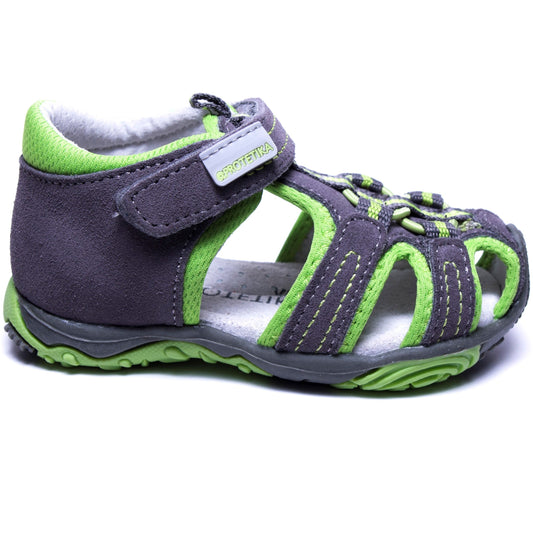 Stylish grey green leather sandals for small boys, with arch support and solid heels