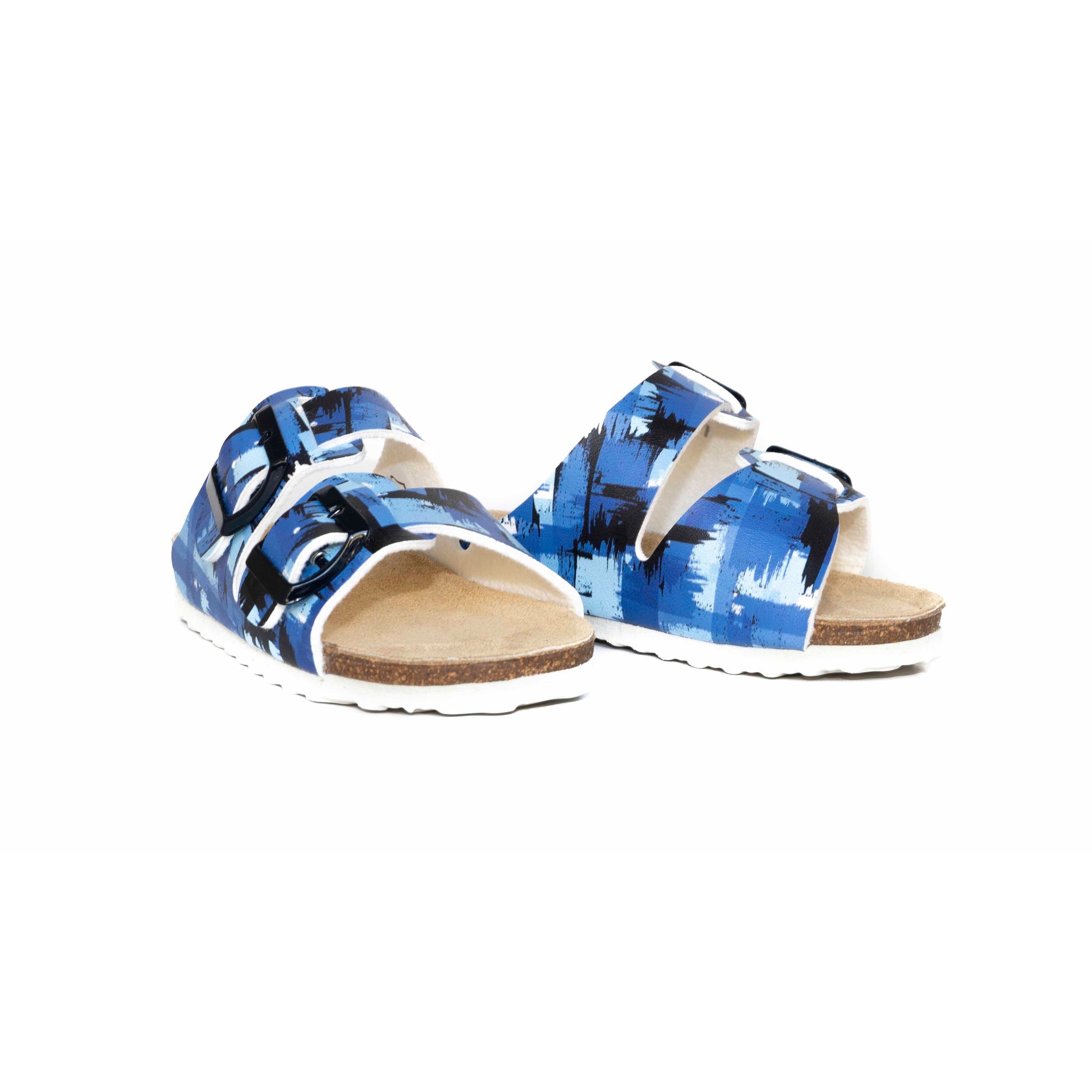 Slip on cork orthotic blue sandals, with a high arch support