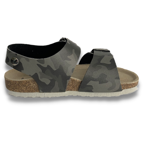 Unisex grey camouflage cork orthotic sandals with an ankle strap