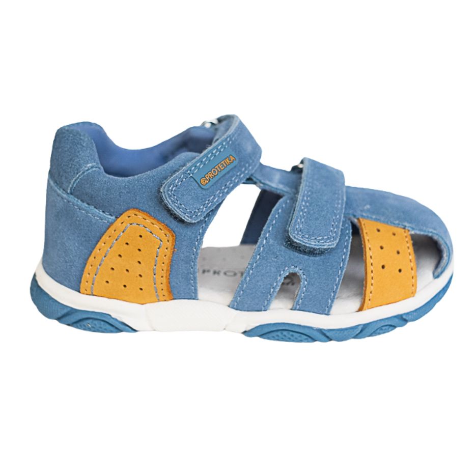 Blue arch support sandals for small boys, genuine leather on the inside and upper.