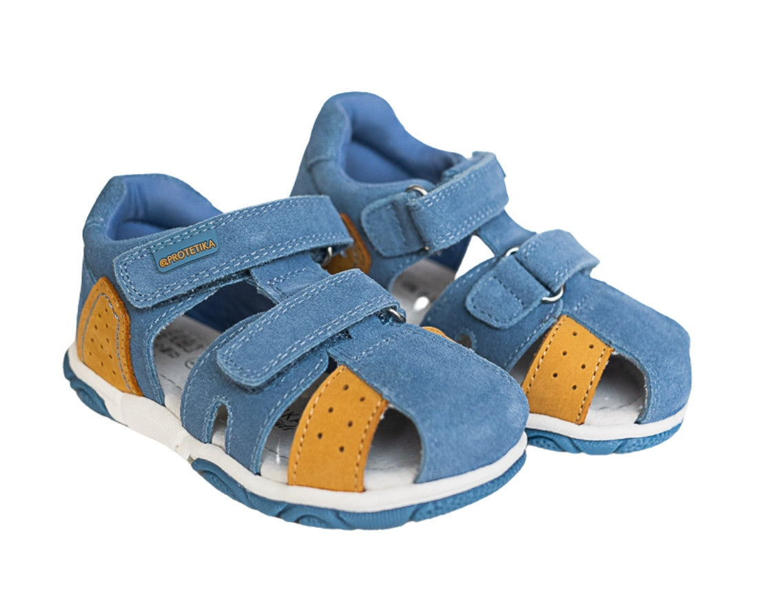 Light blue suede leather sandals suitable for first walker boys, made from genuine leather by Protetika manufacturer.