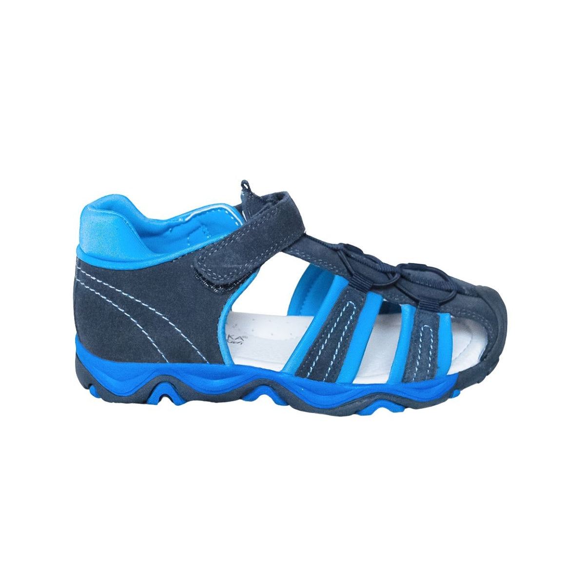 Blue arch supporting leather sandals for older boys.