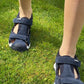 Suede leather, blue sandals for boys, with an arch support and a closed heel counter.