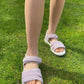 Klara purple is a sandal for older girls, who still benefit from foot arch support. The heel counter is solid. 2 velcros open fully.