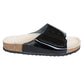 Black patent leather slide cork orthopedic sandal for women. High arch and metatarsal support.