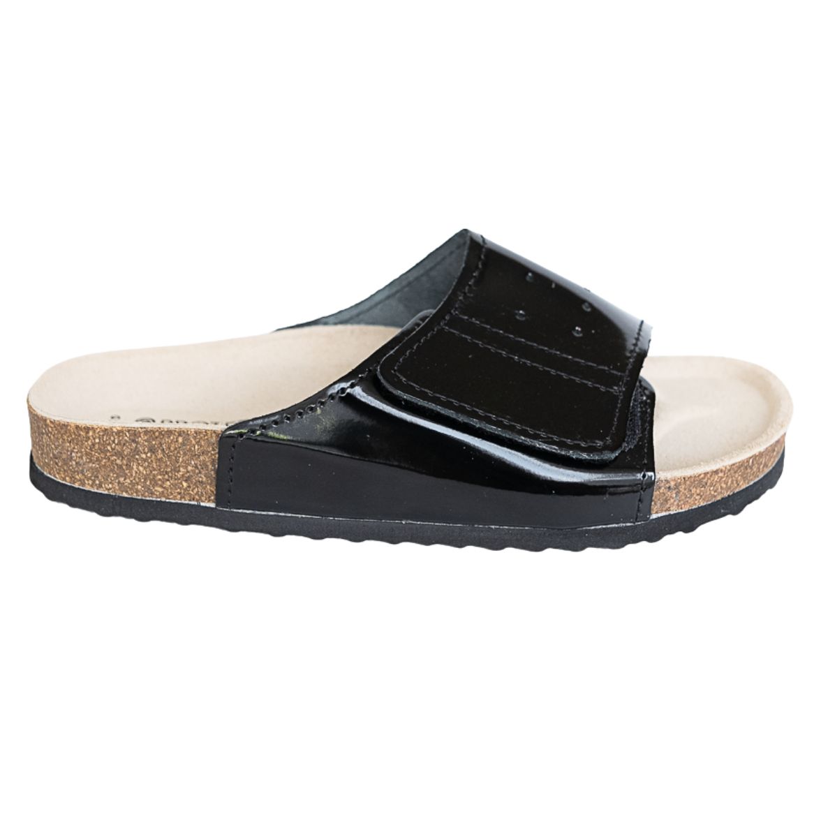 Black patent leather slide cork orthopedic sandal for women. High arch and metatarsal support.