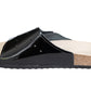 Black glossy orthopedic cork sandals for women, leather on the sole and upper, with high arch support.