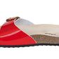 A glossy red  leather slide orthopedic  sandal with a high arch and metatarsal foot support and deep heel cup.