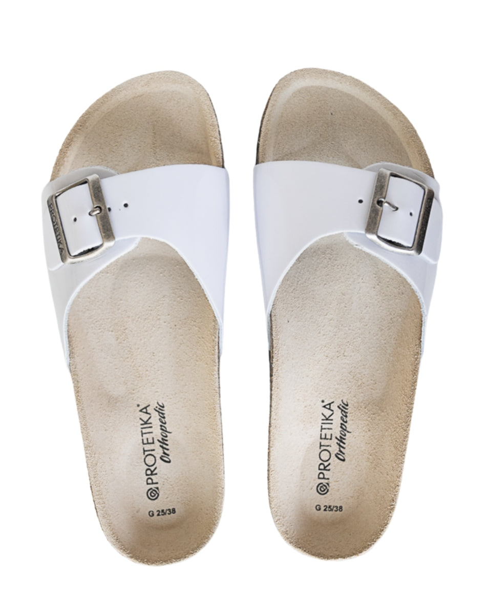 White orthopedic leather slide sandals for women, to prevent flat feet and knees and hip pain.