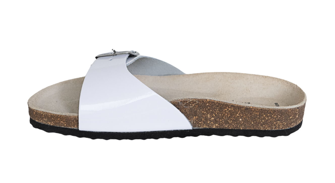 Glossy white orthopedic leather Protetika sandals for women, to prevent flat feet and knees and hip pain.