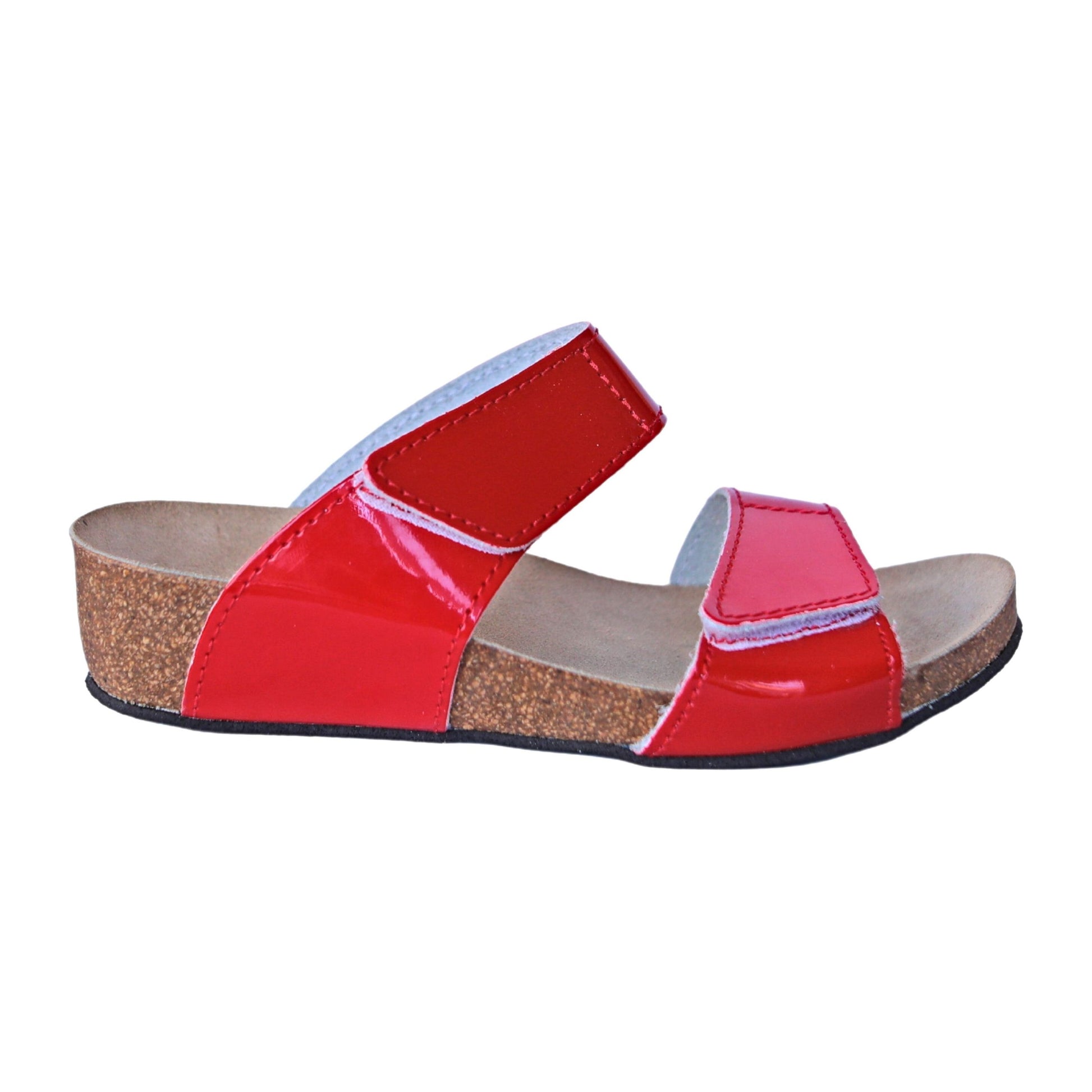 Red glossy Cork orthopaedic wedge sandals prolong your legs by 4 cm. Comfortable sandals for every day prevent a foot arch collapse.