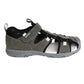 Grey and black athletic arch support leather sandals with one hook-and-loop strap, made by Protetika. 
