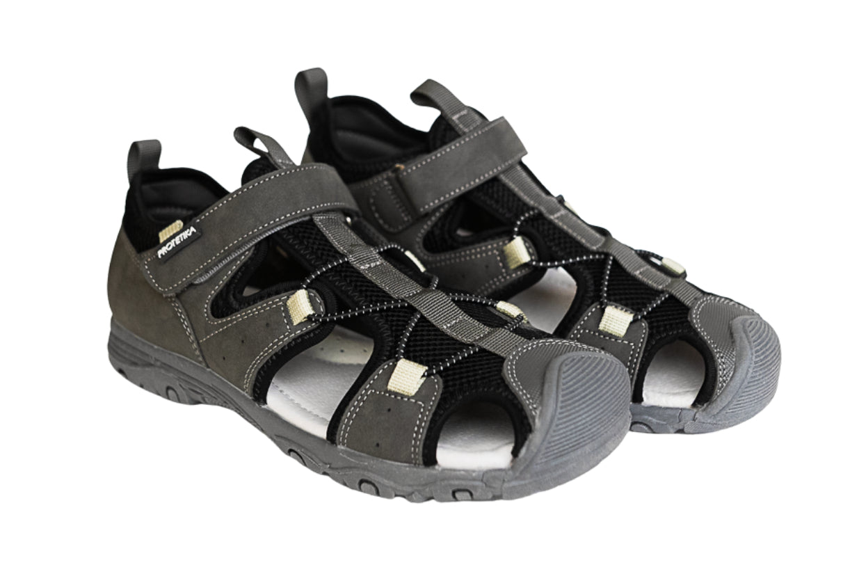 Grey and black athletic arch support leather sandals with one hook-and-loop strap, made by Protetika. 