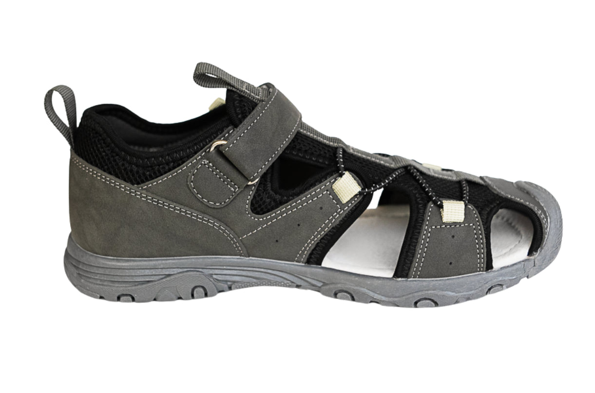 Grey and black athletic arch support leather sandals with one hook-and-loop strap, made by Protetika. 