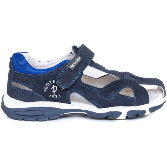 Dark blue sandals with arch support will help foot arches of your boy develop properly.