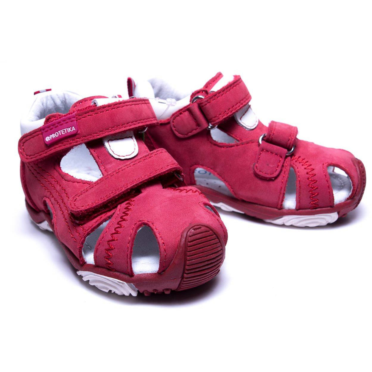 Genuine leather arch support sandals for toddler girls and boys, red white.