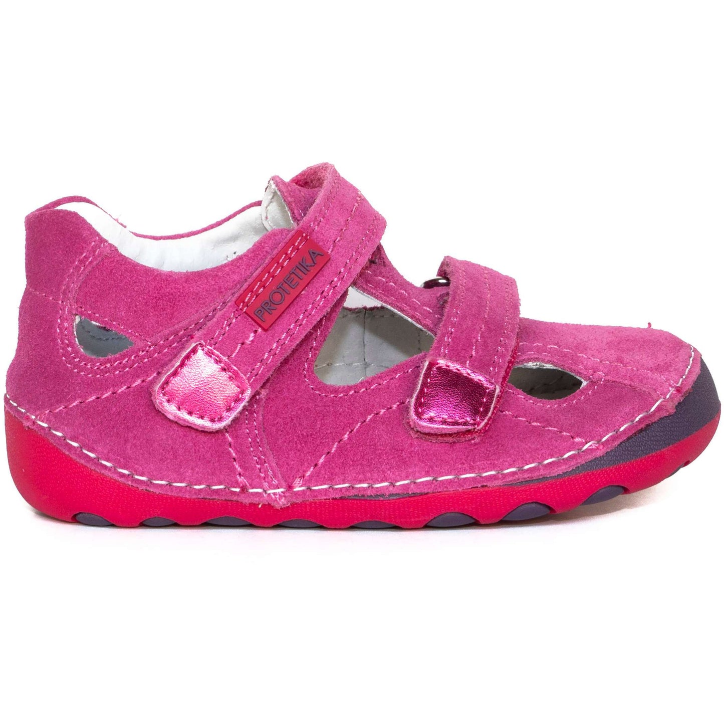 Barefoot toddler girl sneaker MELA is made from suede leather upper. You get 2 sets of insoles - one with arch support and one which is flat. The heel counter is soft. 2 velcro closures can make it fit a normal and a wider foot.