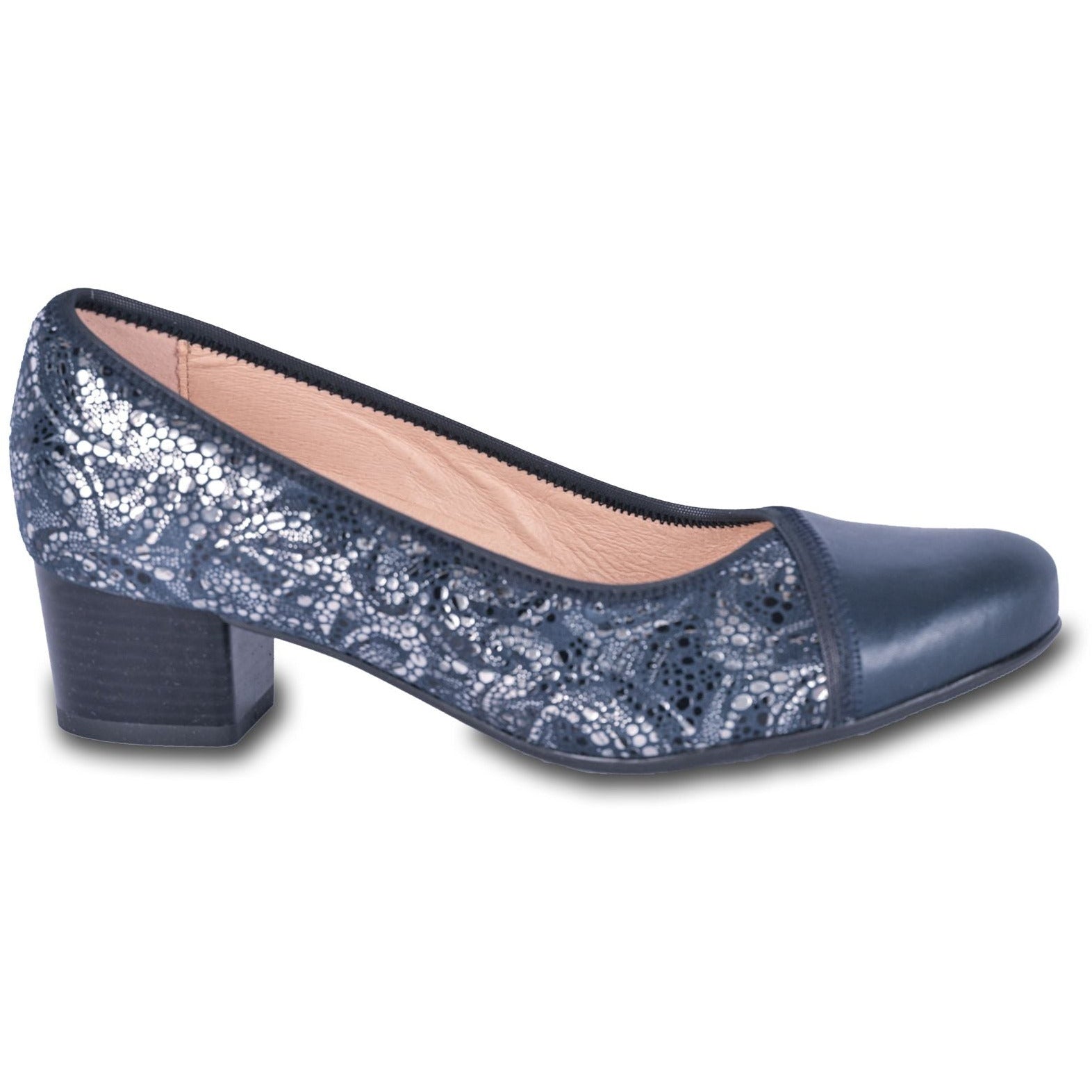Dark blue women heel pumps with a removable cushioned insole. You can replace it with your own custom made orthotics.