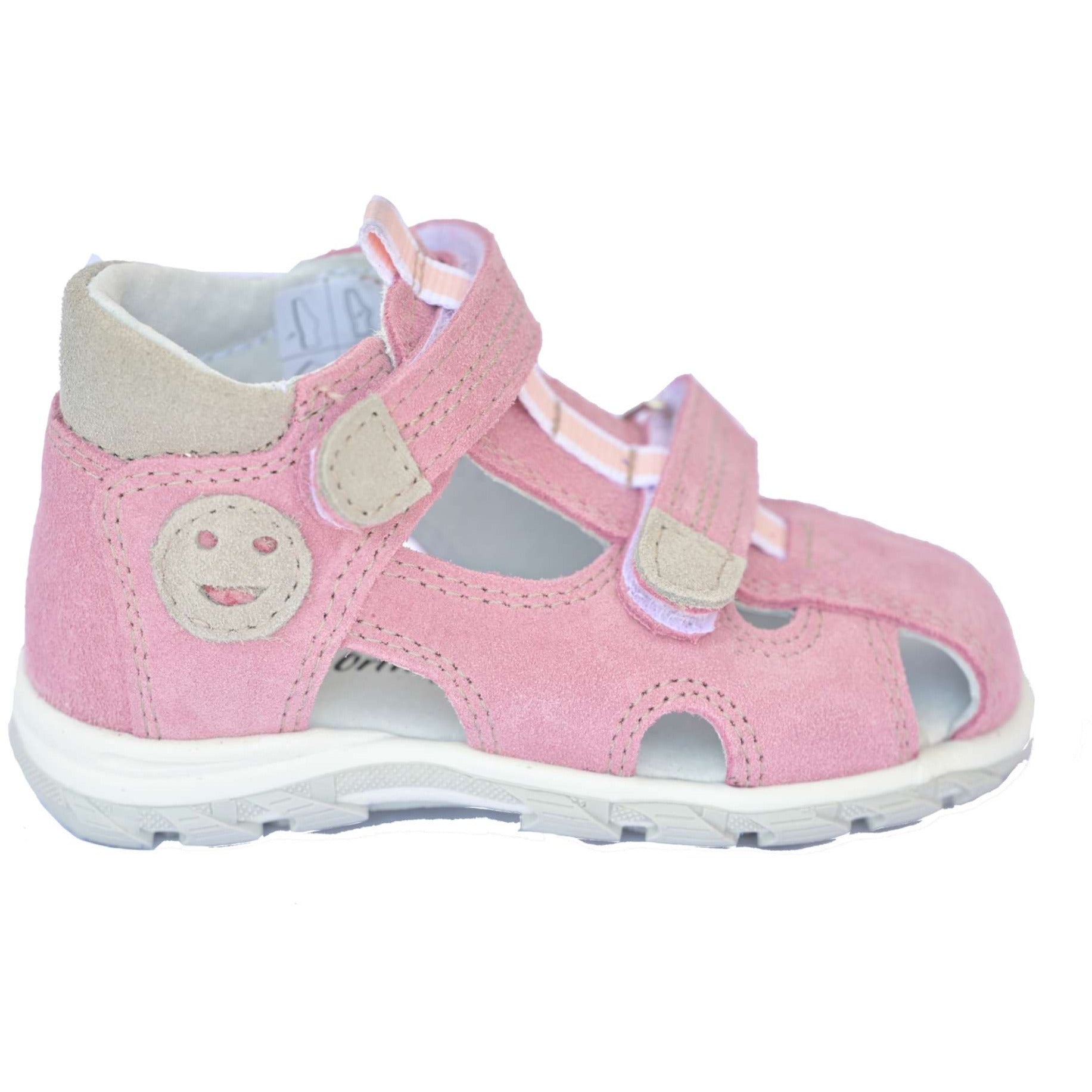 Soft pink certified toddler orthopedic sandals, with semi closed toe box, are a great model if your daughter needs orthopedic and high arch support shoes.