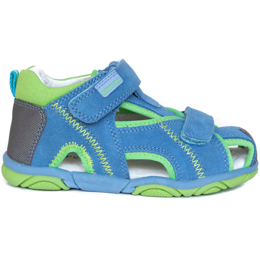 Stoler blue from PROTETIKA is an eye catching toddler boy sandal, in light blue and green colour. Its 2 velcros open fully and fit narrow to chubby feet. Gentle arch support and a closed heel counter help the ankle to point straight.