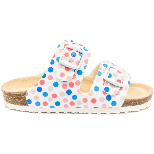Cork orthopedic sandals for older girls, PROTETIKA brand. High arch support, deep heel foot bed, genuine leather insole. Cute polka dots design.