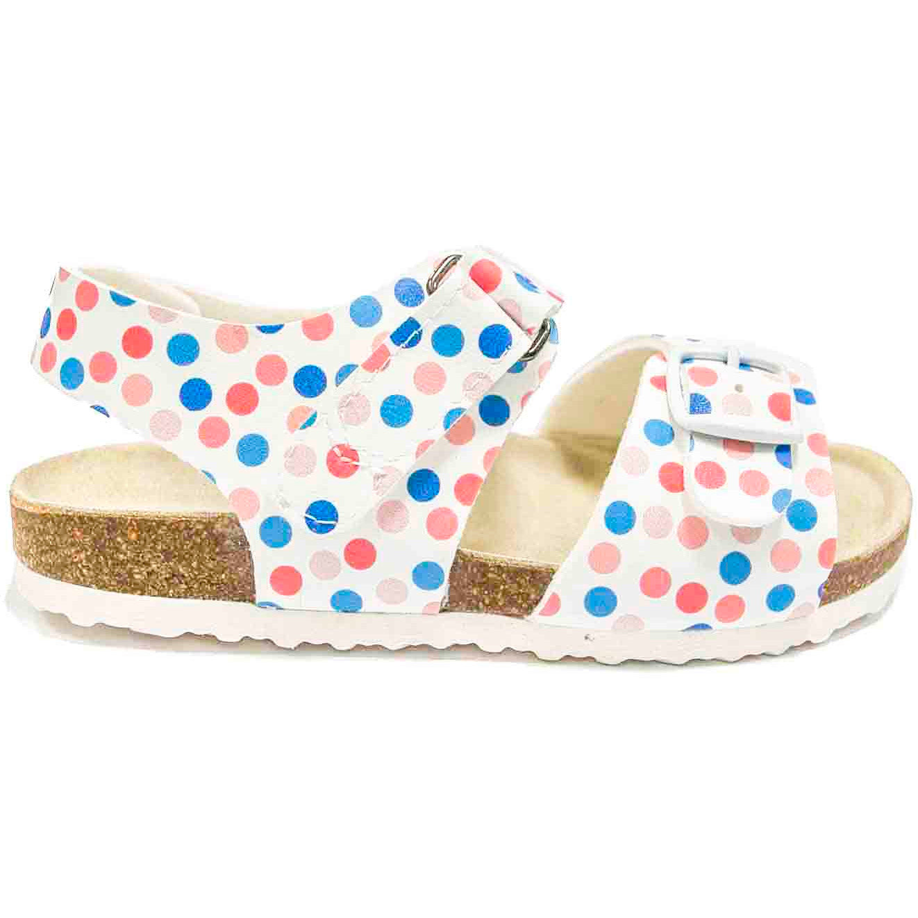 Cork orthopedic sandals for older girls, PROTETIKA brand. High arch support, deep heel foot bed, genuine leather insole. Cute polka dots design. An ankle strap for an exact fit.