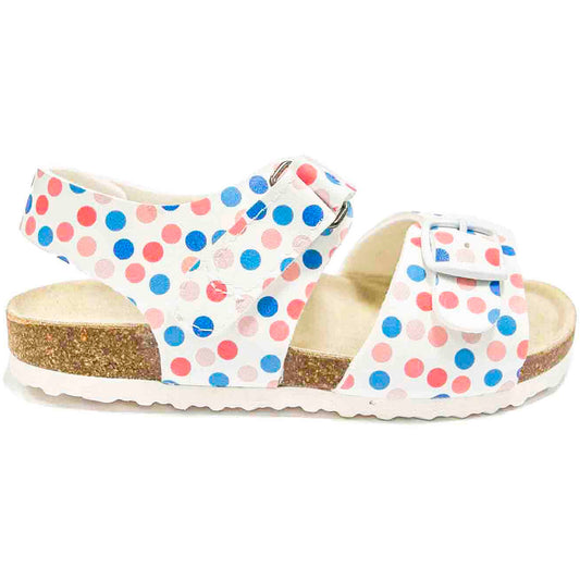 Cork orthopedic sandals for older girls, PROTETIKA brand. High arch support, deep heel foot bed, genuine leather insole. Cute polka dots design. An ankle strap for an exact fit.
