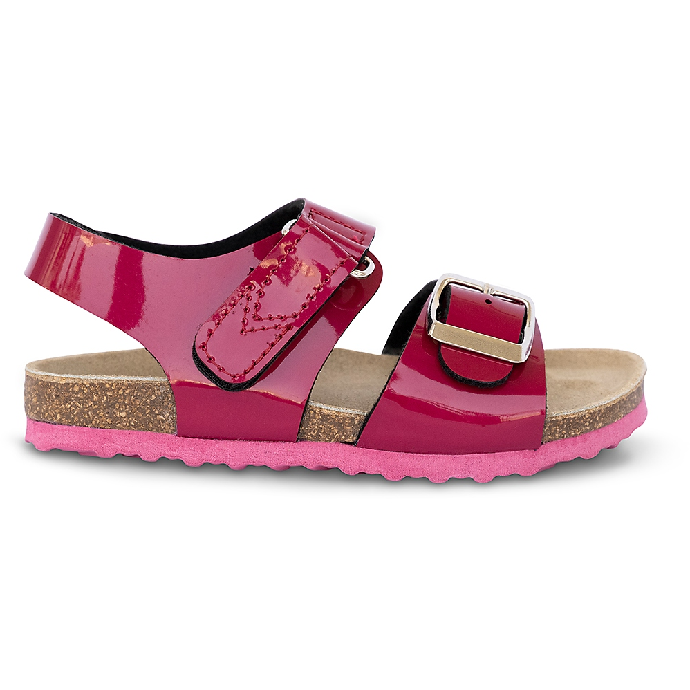 Cork orthopedic sandals for older girls, PROTETIKA brand. High arch support, deep heel foot bed, genuine leather insole. Attractive raspberry glossy colour.