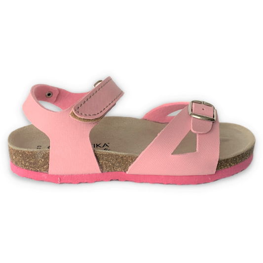 Cork orthopedic sandals for older girls, PROTETIKA brand. High arch support, deep heel foot bed, genuine leather insole. Pink colour, ankle strap for an exact fit. 